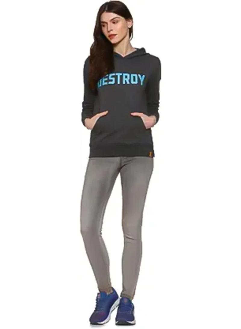 Campus Sutra Women's Charcoal Grey Destroy Print Pullover Hoodie