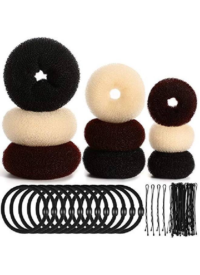 WILLBOND 9 Pieces Donut Hair Bun Maker Shaper Foam Sponge Doughnut Bun Ring Style Set With 12 Pieces Hair Elastic Bands Ties And 32 Pieces Hair Bobby Pins For Women Girls Kids (Black Brown Beige)  - Image 1