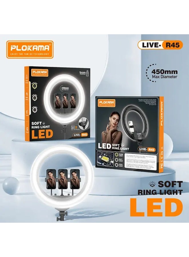 Plokama R45 45cm Soft LED Ring Light with 360 Degree Pan Tilt Wireless Remote Adjustable Brightness and Color Temperature Eye Protection