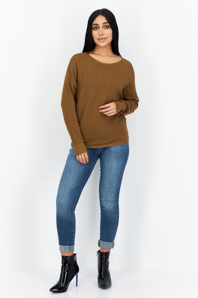 COMMA Women Jewel Neck Textured Long Sleeve Sweater, Brown - Image 3