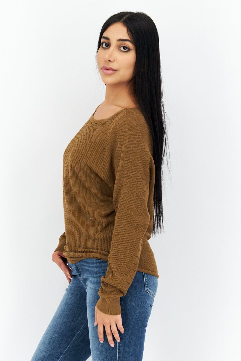 COMMA Women Jewel Neck Textured Long Sleeve Sweater, Brown - Image 2