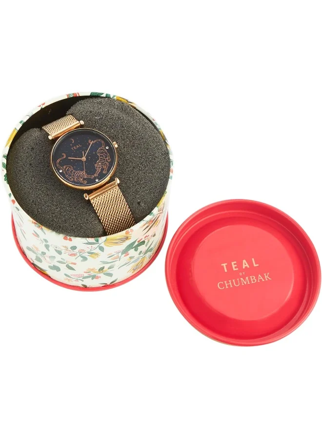 Chumbak TEAL BY CHUMBAK Round Dial Analog Watch for Women | Tiger-Tiger Collection | Stainless Steel Strap | Gifts for Women/Girls/Ladies | Stylish Fashion Watch for Casual/Work - Gold