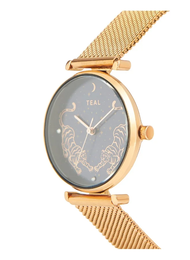 Chumbak TEAL BY CHUMBAK Round Dial Analog Watch for Women | Tiger-Tiger Collection | Stainless Steel Strap | Gifts for Women/Girls/Ladies | Stylish Fashion Watch for Casual/Work - Gold