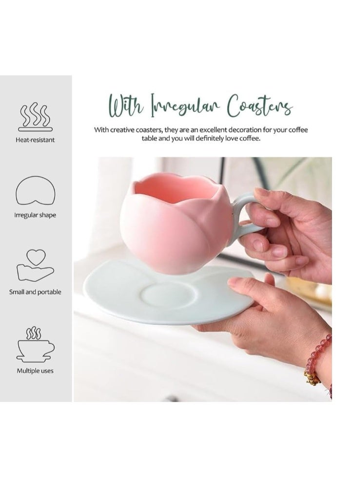 الواحة-TH طقم أكواب قهوة سيراميك مع صحن، كوب توليب إبداعي بتصميم غير منتظم فريد للمكتب والمنزل، آمن للاستخدام في غسالة الأطباق والميكروويف، كوب لطيف لشاي لاتيه والحليب (300 مل) - Image 3