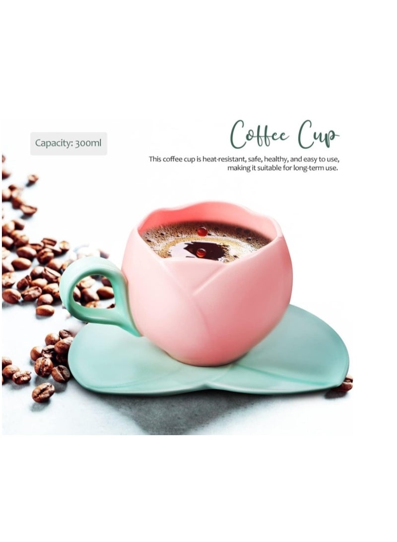 الواحة-TH طقم أكواب قهوة سيراميك مع صحن، كوب توليب إبداعي بتصميم غير منتظم فريد للمكتب والمنزل، آمن للاستخدام في غسالة الأطباق والميكروويف، كوب لطيف لشاي لاتيه والحليب (300 مل) - Image 4