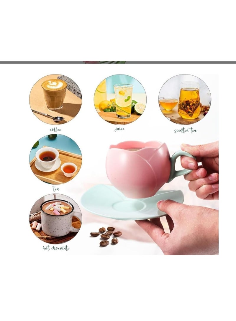 الواحة-TH طقم أكواب قهوة سيراميك مع صحن، كوب توليب إبداعي بتصميم غير منتظم فريد للمكتب والمنزل، آمن للاستخدام في غسالة الأطباق والميكروويف، كوب لطيف لشاي لاتيه والحليب (300 مل) - Image 5