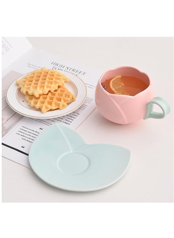 الواحة-TH طقم أكواب قهوة سيراميك مع صحن، كوب توليب إبداعي بتصميم غير منتظم فريد للمكتب والمنزل، آمن للاستخدام في غسالة الأطباق والميكروويف، كوب لطيف لشاي لاتيه والحليب (300 مل) - Image 2