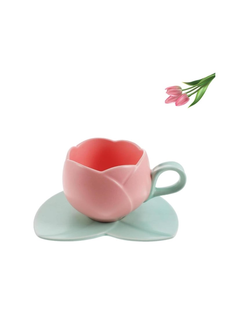 الواحة-TH طقم أكواب قهوة سيراميك مع صحن، كوب توليب إبداعي بتصميم غير منتظم فريد للمكتب والمنزل، آمن للاستخدام في غسالة الأطباق والميكروويف، كوب لطيف لشاي لاتيه والحليب (300 مل) - Image 1