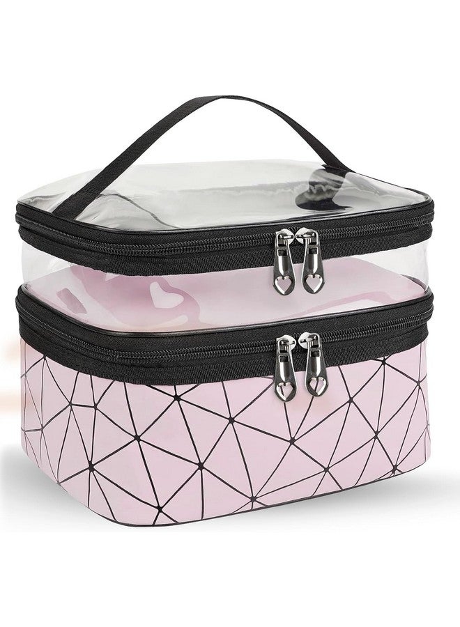 ADDCART Double Layer Makeup Bag Large Cosmetic Bag Clear Travel Cosmetic Case Toiletry Bag Water-Resistant for Women Girl Camping College (Pink) - Image 1