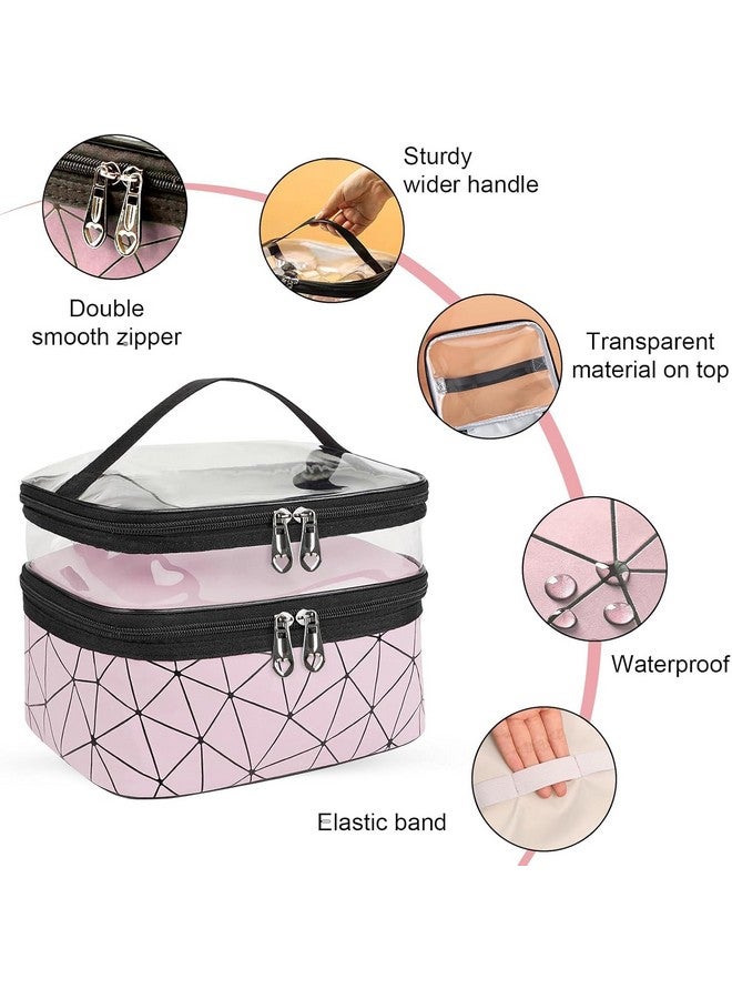 ADDCART Double Layer Makeup Bag Large Cosmetic Bag Clear Travel Cosmetic Case Toiletry Bag Water-Resistant for Women Girl Camping College (Pink) - Image 3