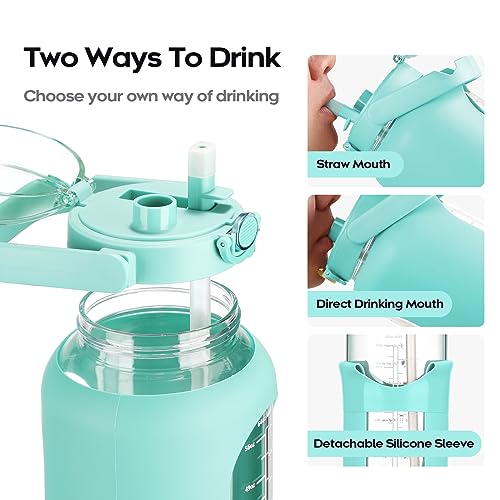 chunmo 74 oz Glass Water Bolttles with Straw Large Motivational Water Bottle with Time Marker Sports Water Bottles with Silicone Sleeve and Handle Lid 2.2L Water Jug for Gym Workout - Image 2