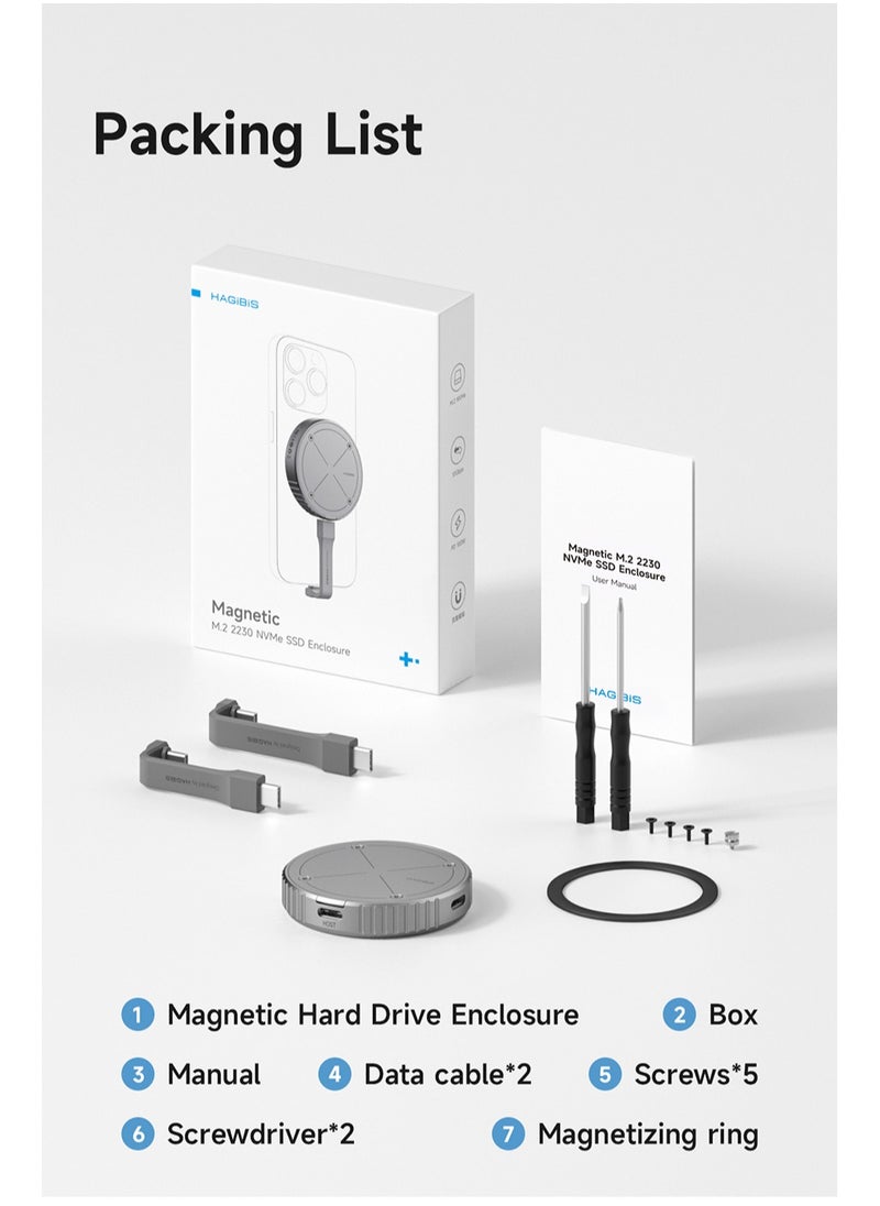 Hagibis - Hagibis Magnetic M.2 2230 NVMe SSD Enclosure Magsafe SSD Case USB C 3.2 Gen2 to NVMe PCI-E for iPhone 15 Pro Max ProRes MacBook - Image 1