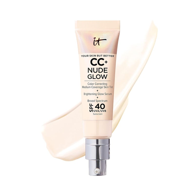 أساس خفيف الوزن من IT Cosmetics CC Nude Glow مع سيروم توهج مع SPF 40 مع النياسيناميد وحمض الهيالورونيك ومستخلص الشاي الأخضر 108 أونصة سائلة