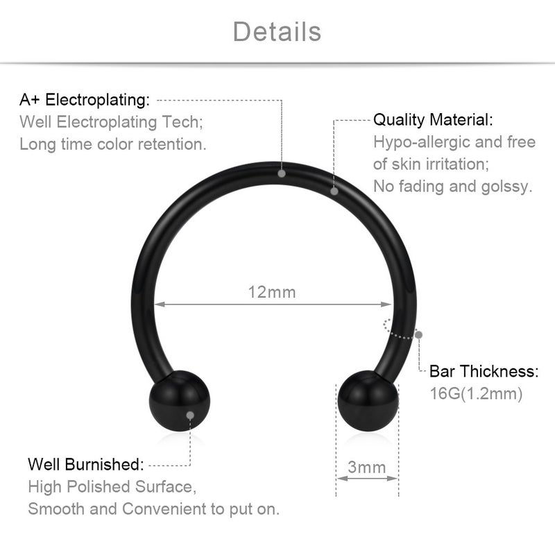 SCERRING 8PCS 16G Stainless Steel Nose Septum Horseshoe Earring Eyebrow Septum Lip Helix Tragus Cartilage Piercing Ring 6mm,8mm,10mm,12mm - Black - Image 2