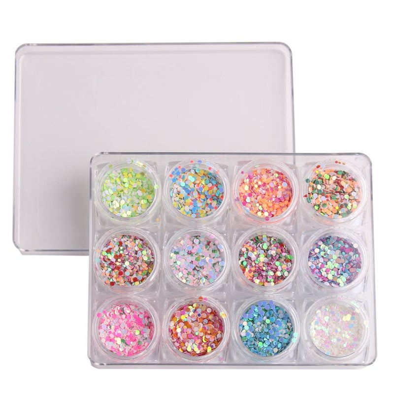WOKOTO 12 Box 1mm 2mm 3mm Mixed Color and Size Round Confetti Nails Shiny Nail Glitters Round Ultrathin Sequins Nail Art Decoration Set Nail Flakes