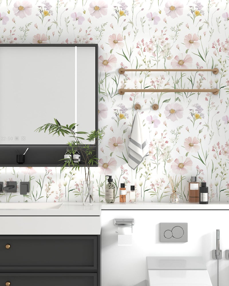 HELLKIT Floral Peel and Stick Wallpaper Boho Contact Paper Self Adhesive Removable Wallpaper Pink Floral 17.3''x78.7'' White Wildflowers Wall Paper for Bedroom Bathroom Art Deco Wall Papers Vinyl Roll - Image 5