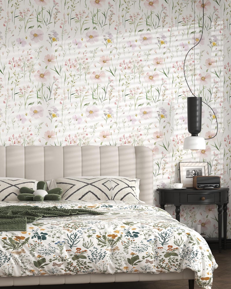 HELLKIT Floral Peel and Stick Wallpaper Boho Contact Paper Self Adhesive Removable Wallpaper Pink Floral 17.3''x78.7'' White Wildflowers Wall Paper for Bedroom Bathroom Art Deco Wall Papers Vinyl Roll - Image 4