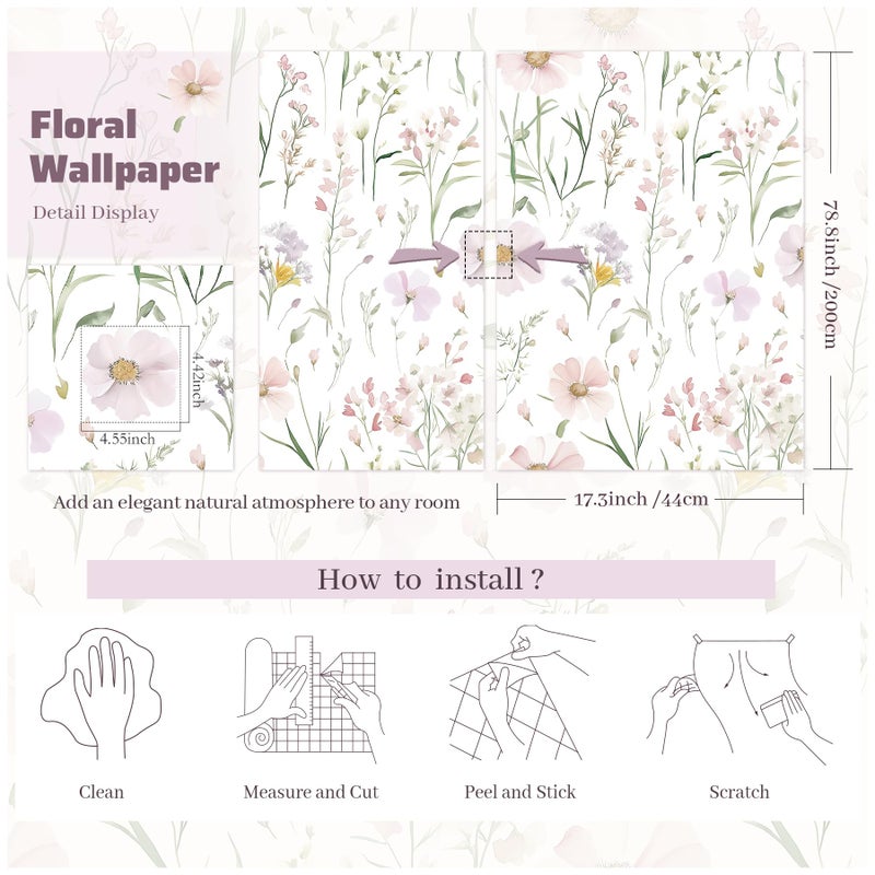 HELLKIT Floral Peel and Stick Wallpaper Boho Contact Paper Self Adhesive Removable Wallpaper Pink Floral 17.3''x78.7'' White Wildflowers Wall Paper for Bedroom Bathroom Art Deco Wall Papers Vinyl Roll - Image 2