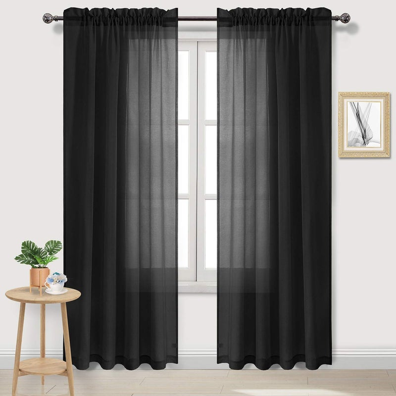 DWCN Black Sheer Curtains Semi Transparent Voile Rod Pocket Curtains for Bedroom and Living Room 52 x 90 inches Long Set of 2 Panels