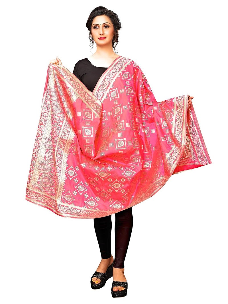 JENNY DESIGNER شال نسائي من حرير بناراسي المنسوج مزخرف (وردي فاتح، 2.30 م/36 بوصة) - Image 2