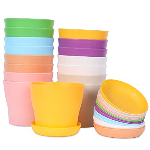 جيريا 16 عبوة 4 أصيصات زهور بلاستيكية سميكة لشتلات النباتات حاويات زهور ملونة لأصص بدء البذور مع صينية 8 ألوان