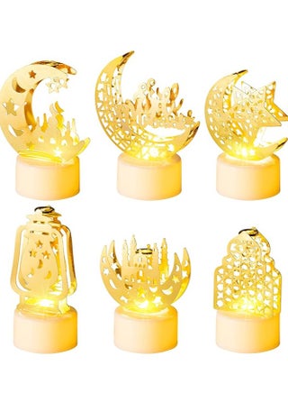 6Pcs Ramadan Mini Lantern Lights Decoration, Moon Castle Lighthouse Eid Mubarak Lamp Battery Included Plastic LED Night Light for Eid Ramadan Party Home Indoor Outdoor Bedroom Tabletop Decor