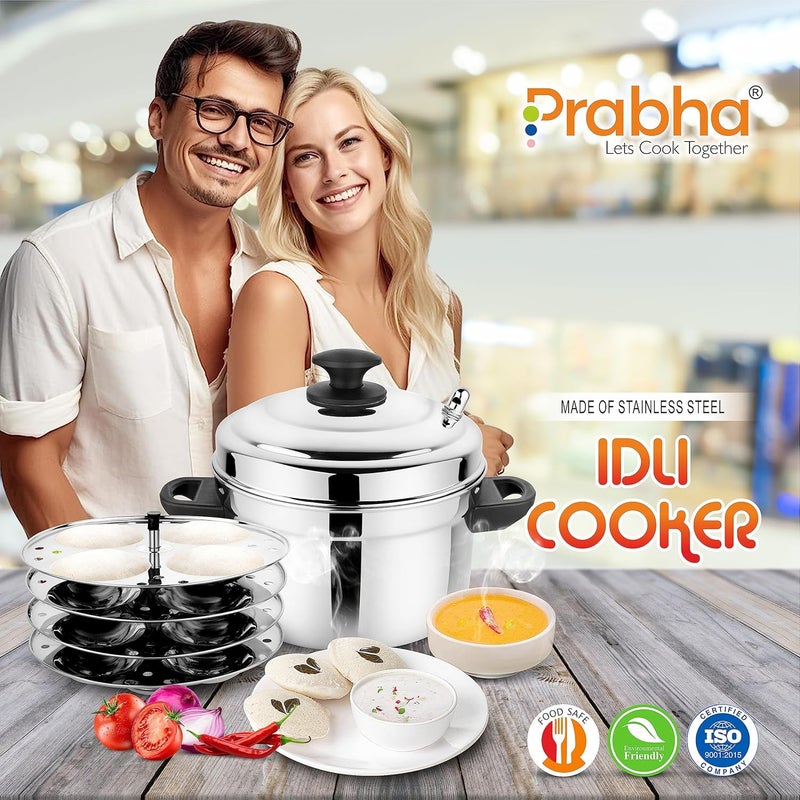 Prabha طباخ إيدلي من ستانلس ستيل برابها، تقنية الطهي المتقدمة بالفراغ، وعاء طهي الإيدلي، غطاء من ستانلس ستيل، 4 أطباق 16 إيدلي، مقبض باكلايت - Image 2