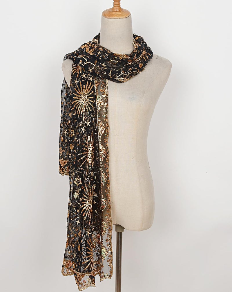 L'VOW Women's Glittering 1920s Scarf Mesh Sequin Wedding Cape Fringed Evening Shawl Wrap(S4-Black&Gold) - Image 3