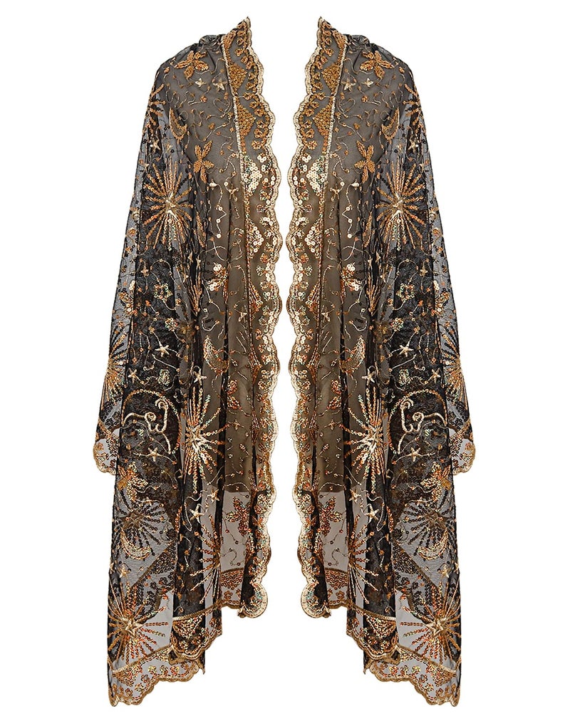 L'VOW Women's Glittering 1920s Scarf Mesh Sequin Wedding Cape Fringed Evening Shawl Wrap(S4-Black&Gold) - Image 1