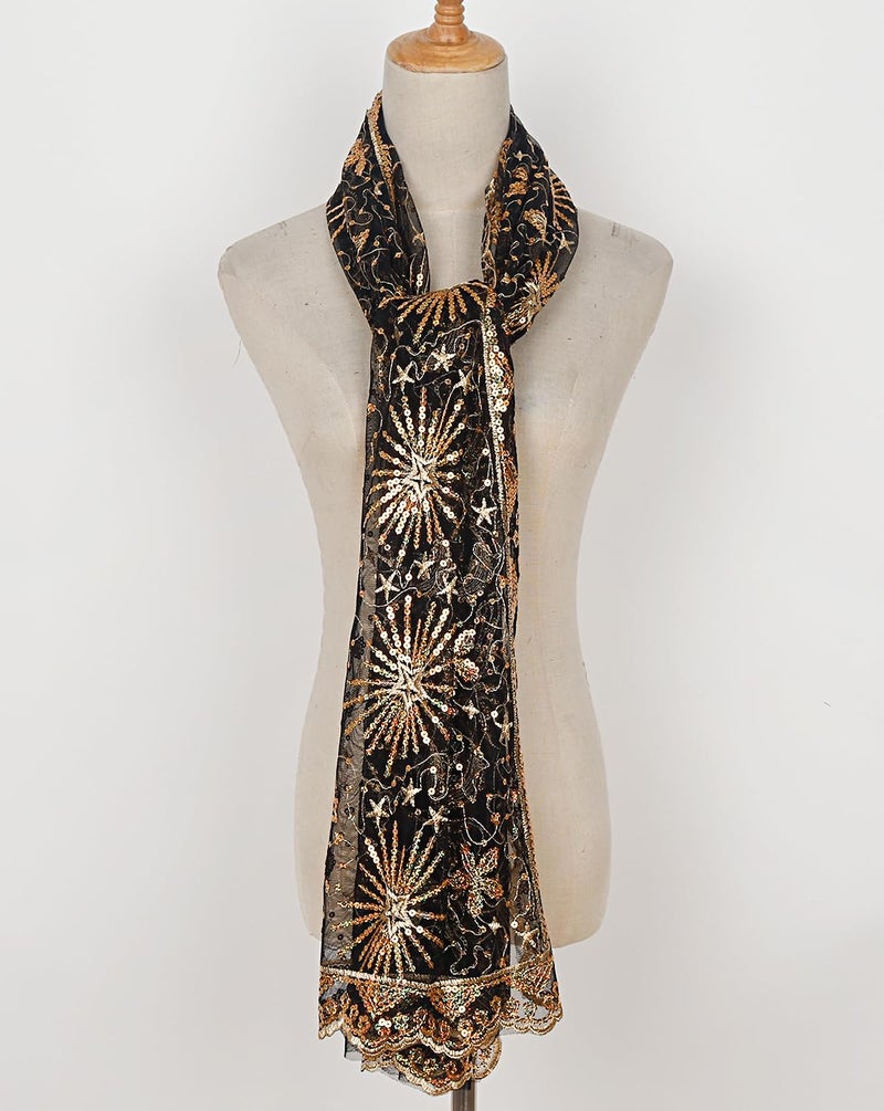 L'VOW Women's Glittering 1920s Scarf Mesh Sequin Wedding Cape Fringed Evening Shawl Wrap(S4-Black&Gold) - Image 4