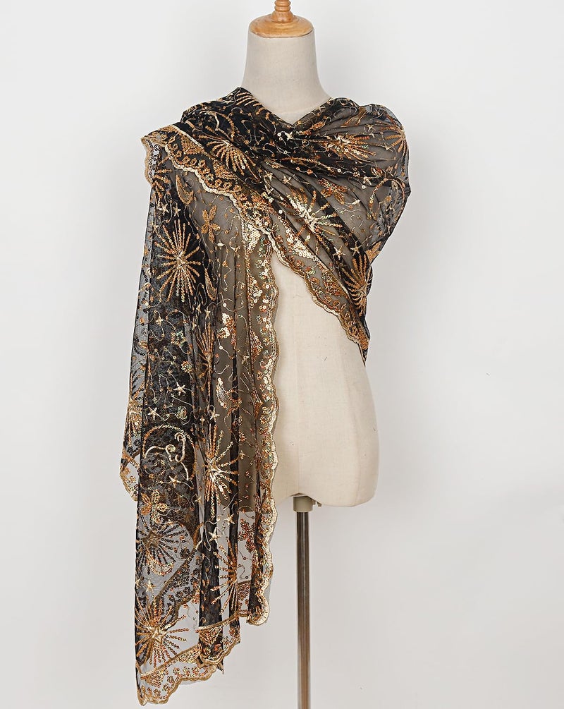 L'VOW Women's Glittering 1920s Scarf Mesh Sequin Wedding Cape Fringed Evening Shawl Wrap(S4-Black&Gold) - Image 2