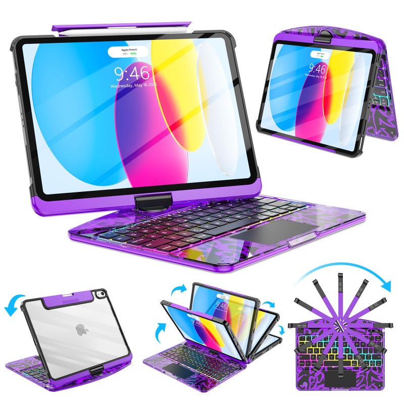 SIBEITU Keyboard Case for iPad A16 11th Gen 11" 2025 & 10th Gen 10.9" 2022, Clear Wireless Keyboard Protective Cover with Multi-Touch Trackpad, 7-Color Backlight & 3-Brightness, 360 Rotatable, Purple - Image 1
