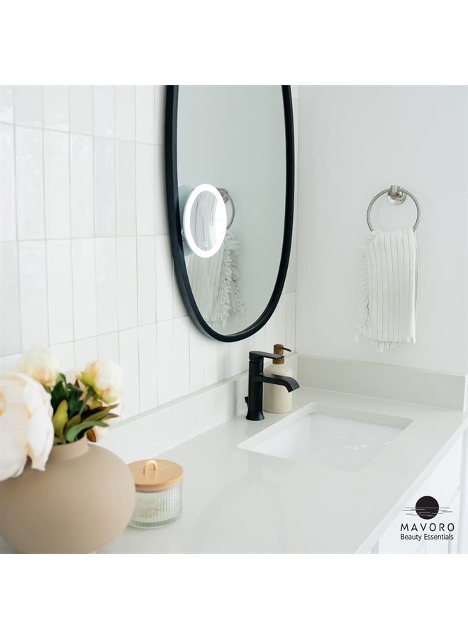 Triple Suction Cup Magnifying Mirror with Light. Magnified 10x Mirror Backlit LED Mirror Mirrors for Wall. Compact, Portable Lighted Makeup Mirror with Magnification for Bathroom or Travel.