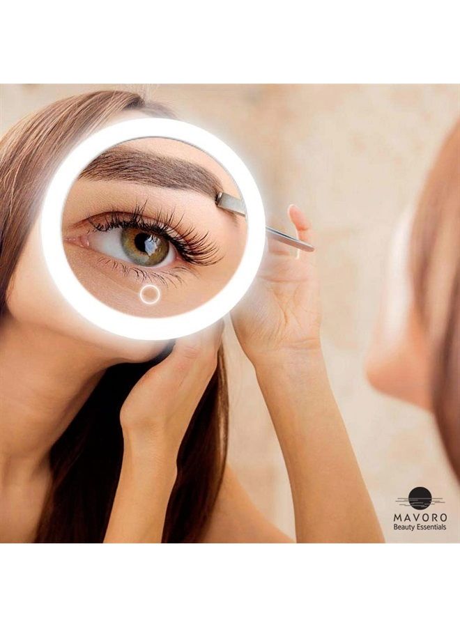 Triple Suction Cup Magnifying Mirror with Light. Magnified 10x Mirror Backlit LED Mirror Mirrors for Wall. Compact, Portable Lighted Makeup Mirror with Magnification for Bathroom or Travel.