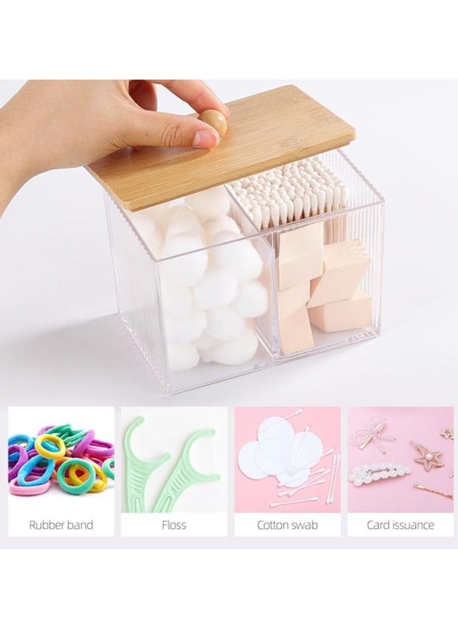 Arabest Holder with Bamboo Lids, 3 Compartments Cotton Ball/Swabs Dispenser, Apothecary Jar Clear Plastic Bathroom Container for Storage and Organizer - Image 3
