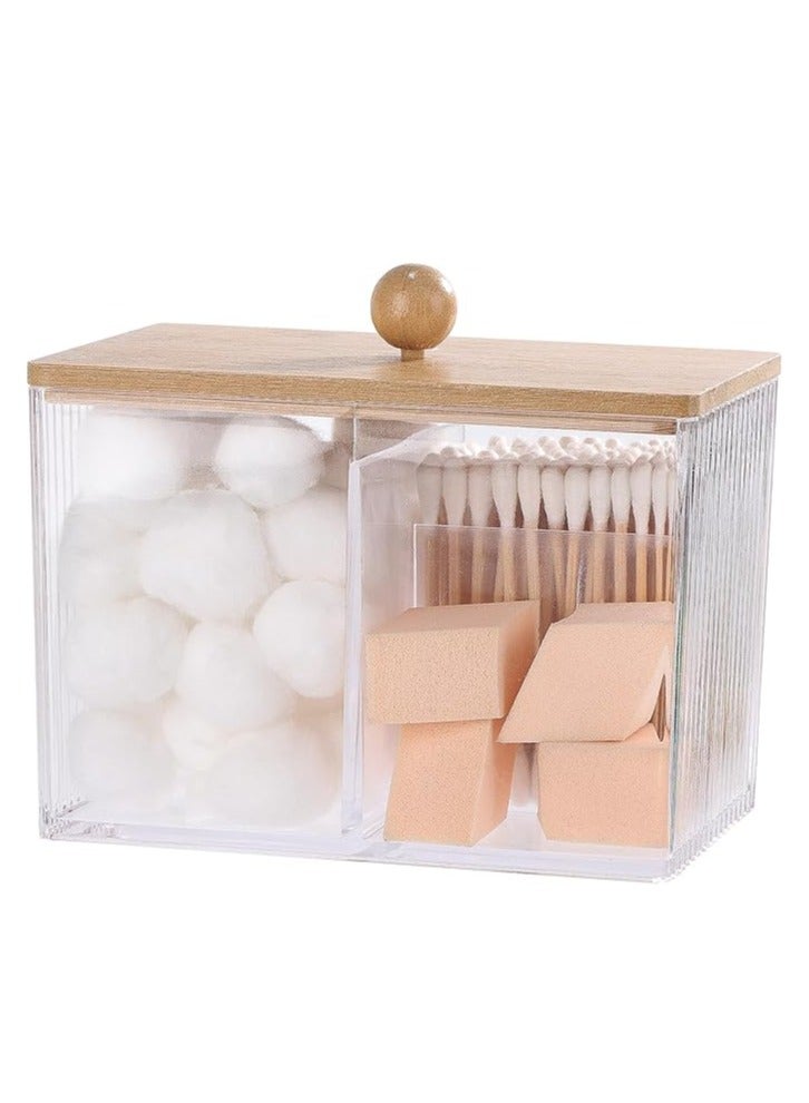Arabest Holder with Bamboo Lids, 3 Compartments Cotton Ball/Swabs Dispenser, Apothecary Jar Clear Plastic Bathroom Container for Storage and Organizer - Image 1