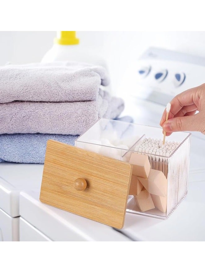 Arabest Holder with Bamboo Lids, 3 Compartments Cotton Ball/Swabs Dispenser, Apothecary Jar Clear Plastic Bathroom Container for Storage and Organizer - Image 4