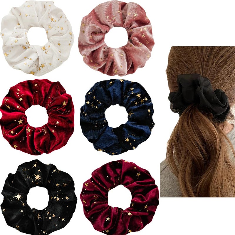 6 Pcs Christmas Stars Sc'run'chi'es for Girls Christmas Hair Ties Glitter Sequins Elastic Scrunchy Hair Bands Holiday Hair Accessories for Women Party Gifts (6 Pcs A)