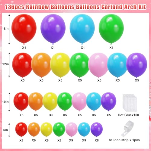 YMSZ Rainbow Colorful Balloons Arch Kit 136pcs Red Blue Green Yellow Party Balloons with Different Size for Birthday Baby Shower Anniversary Party Decorations - Image 5