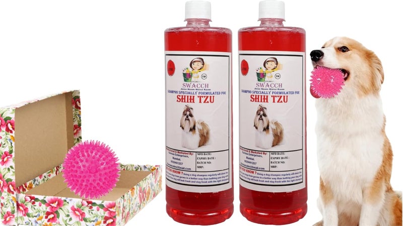 swacch Shampoo | Puppy Safe Shampoo | PH Balanced | Ditch to Itch for Shih Tzu Dog Shampoo 2 Litre (Jasmine) + Spike Ball Chew Toy Combo Pack - Image 1