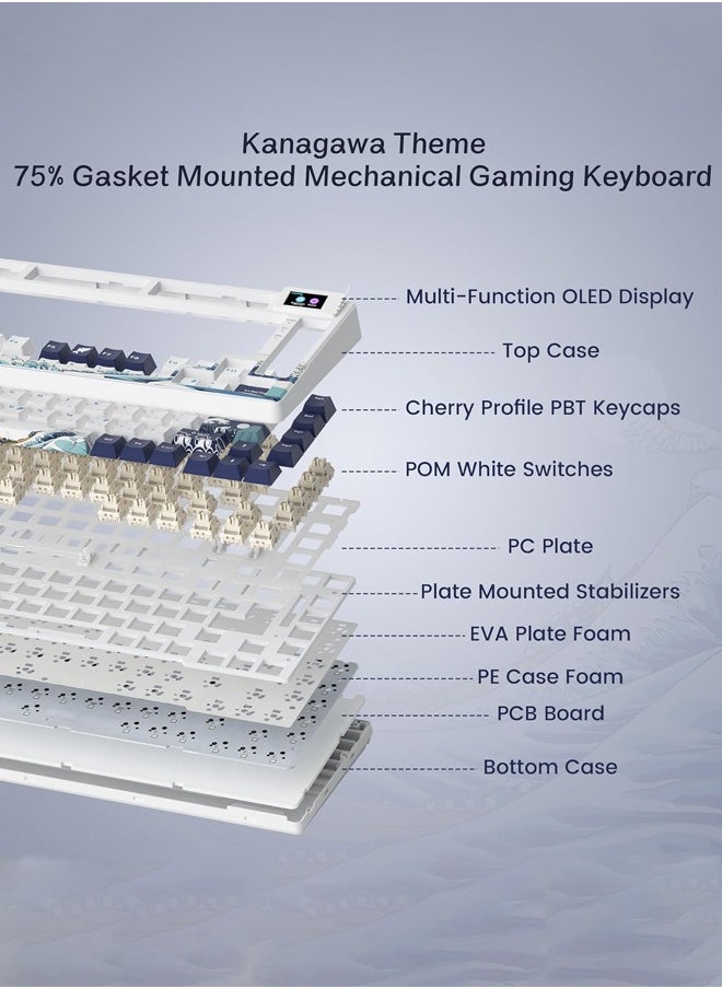 S-K80 75% Gaming Keyboard with Color & OLED Display, Mechanical Keyboard, Hot Swappable Keyboard, RGB Custom Keyboard Board Mount, Pre-Lubricated Stabilizer for Mac/Win,White Kanagawa