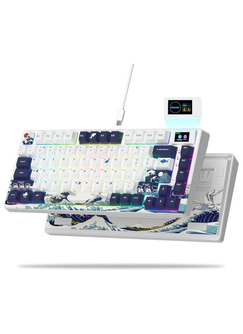 S-K80 75% Gaming Keyboard with Color & OLED Display, Mechanical Keyboard, Hot Swappable Keyboard, RGB Custom Keyboard Board Mount, Pre-Lubricated Stabilizer for Mac/Win,White Kanagawa
