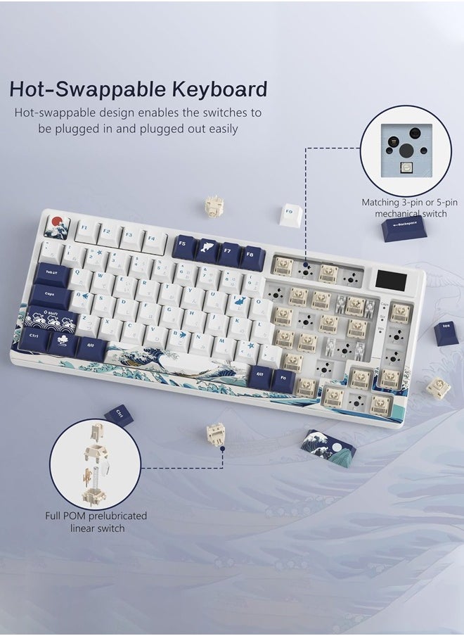 S-K80 75% Gaming Keyboard with Color & OLED Display, Mechanical Keyboard, Hot Swappable Keyboard, RGB Custom Keyboard Board Mount, Pre-Lubricated Stabilizer for Mac/Win,White Kanagawa