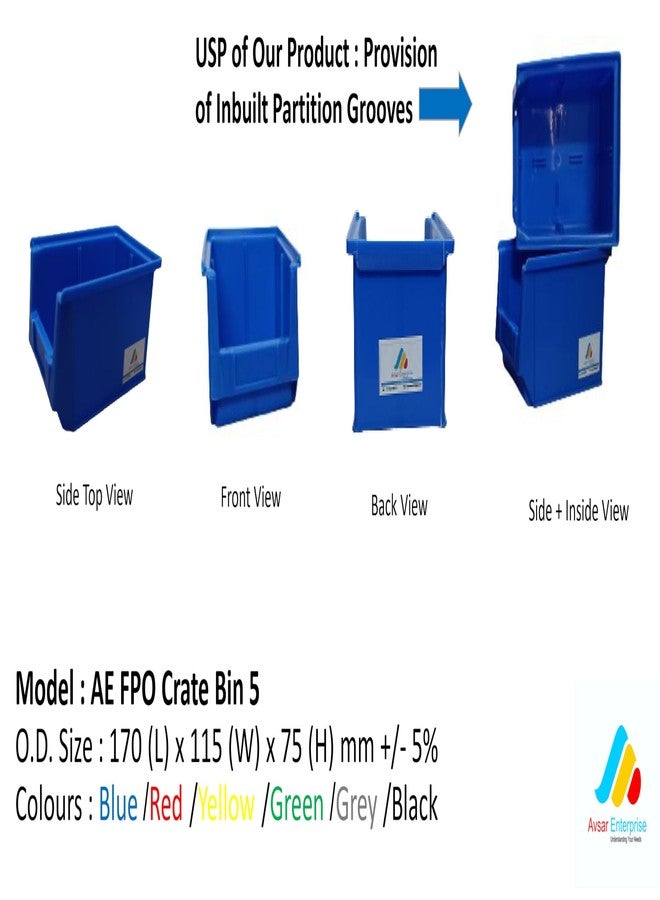 Avsar AE FPO Crate Bin 5, Stackable Durable Polypropylene Storage Bins with Anti-Slip Base, Hangable Rear Lip, Blue, Pack of 16 - Image 2