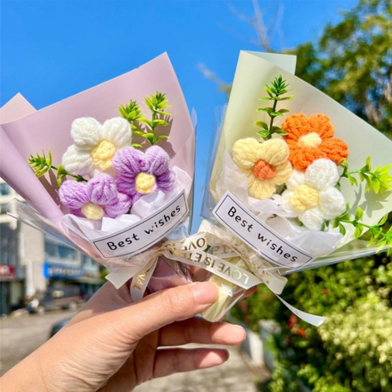 7Pcs Mini Crochet Flowers Bouquet Handmade Small Crochet Flower Bouquets for Wedding Birthday Party Decor Good Artificial Flowers, Gift for Home Office Car Decoration (12x18cm, 7 Colors) - Image 3