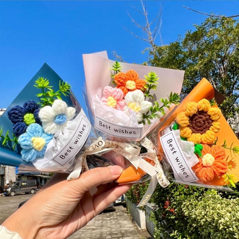7Pcs Mini Crochet Flowers Bouquet Handmade Small Crochet Flower Bouquets for Wedding Birthday Party Decor Good Artificial Flowers, Gift for Home Office Car Decoration (12x18cm, 7 Colors) - Image 5
