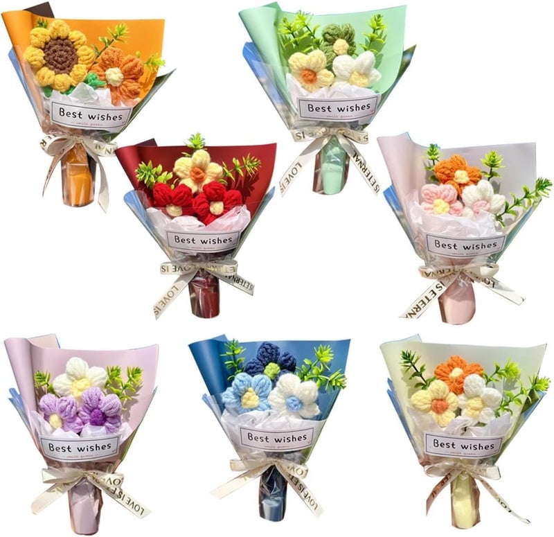 7Pcs Mini Crochet Flowers Bouquet Handmade Small Crochet Flower Bouquets for Wedding Birthday Party Decor Good Artificial Flowers, Gift for Home Office Car Decoration (12x18cm, 7 Colors) - Image 1
