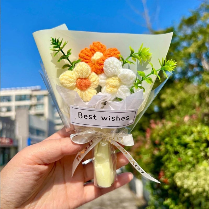 7Pcs Mini Crochet Flowers Bouquet Handmade Small Crochet Flower Bouquets for Wedding Birthday Party Decor Good Artificial Flowers, Gift for Home Office Car Decoration (12x18cm, 7 Colors) - Image 2