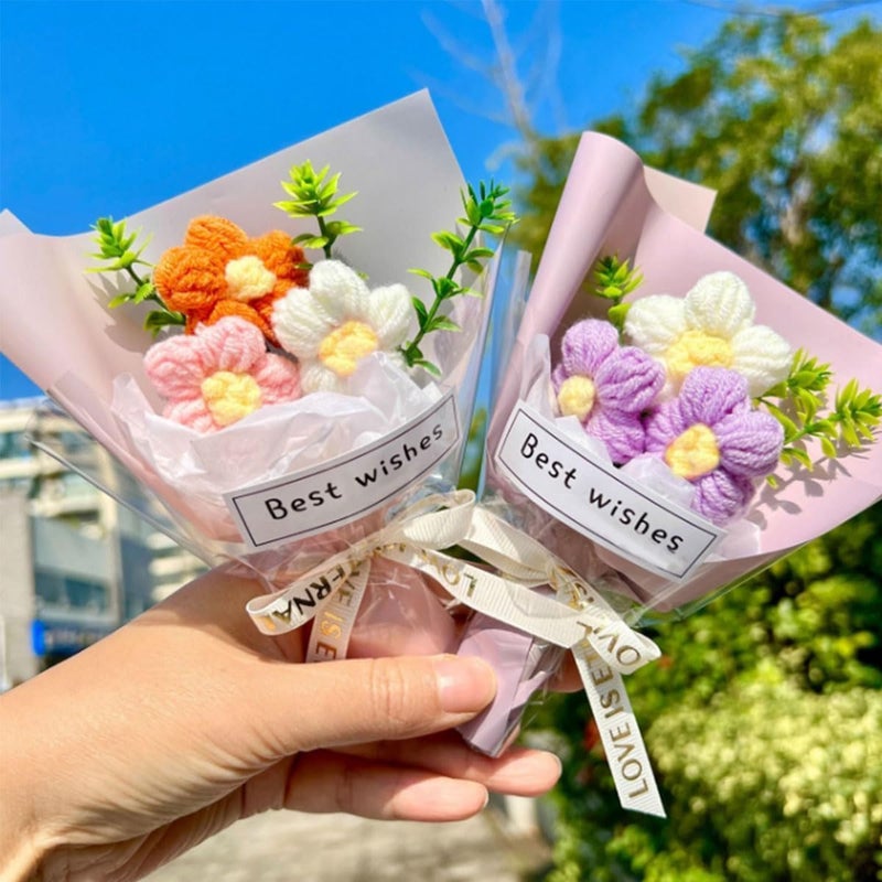 7Pcs Mini Crochet Flowers Bouquet Handmade Small Crochet Flower Bouquets for Wedding Birthday Party Decor Good Artificial Flowers, Gift for Home Office Car Decoration (12x18cm, 7 Colors) - Image 4