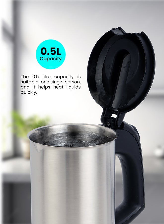 Olsenmark Electric Stainless Steel Kettle with Boil-Dry Protection, Automatic Turn Off, Portable & Compact Design, Indicator Light and Concealed Heating Element 500 ml 1000 W OMK2048NM Silver/Black - Image 2